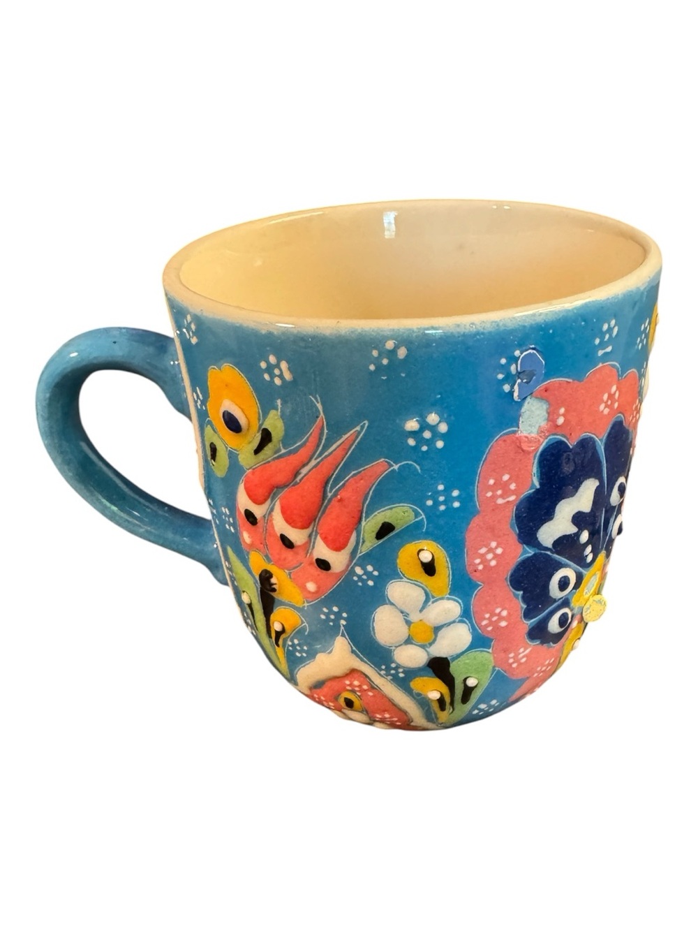 Handcrafted Turkish Ceramic Floral Mug Blue Pink Yellow Raised Art Pottery Cup
